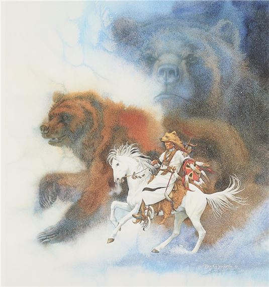 A painting of a man riding a horse next to a bear.