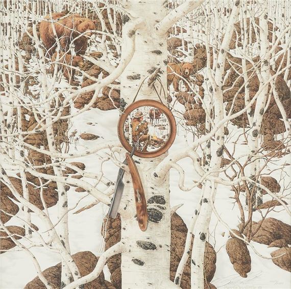A painting of a bear in a birch tree with a mirror hanging from it.