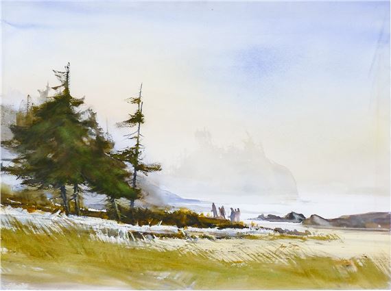 A watercolor landscape of a snowy beach with distant figures and misty cliffs.