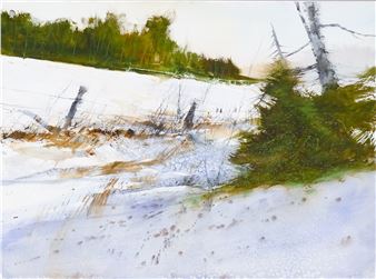 A watercolor landscape of a snowy field with a fence line and distant trees.