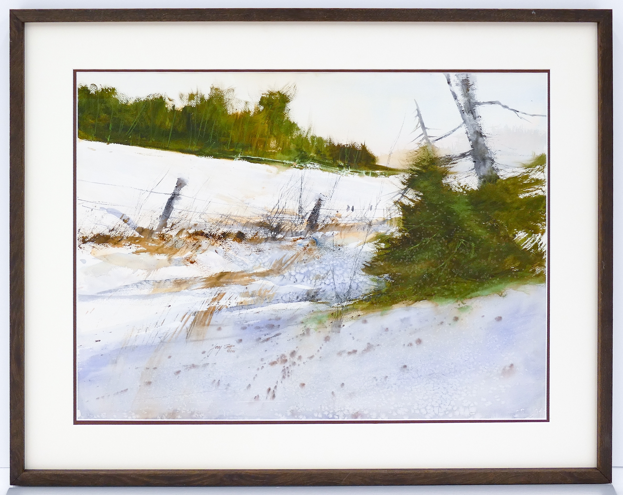 A watercolor landscape of a snowy field with a fence line and distant trees.