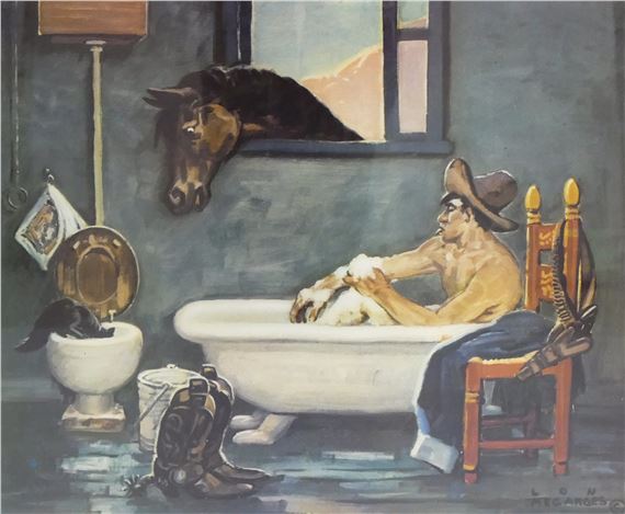 A surreal bathroom scene featuring a cowboy in a bathtub with a horse head peering through the window.