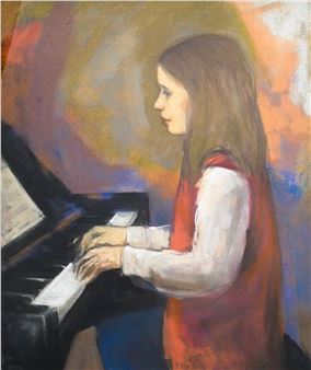 A side profile of a person playing the piano, rendered in a loose, impressionistic style.