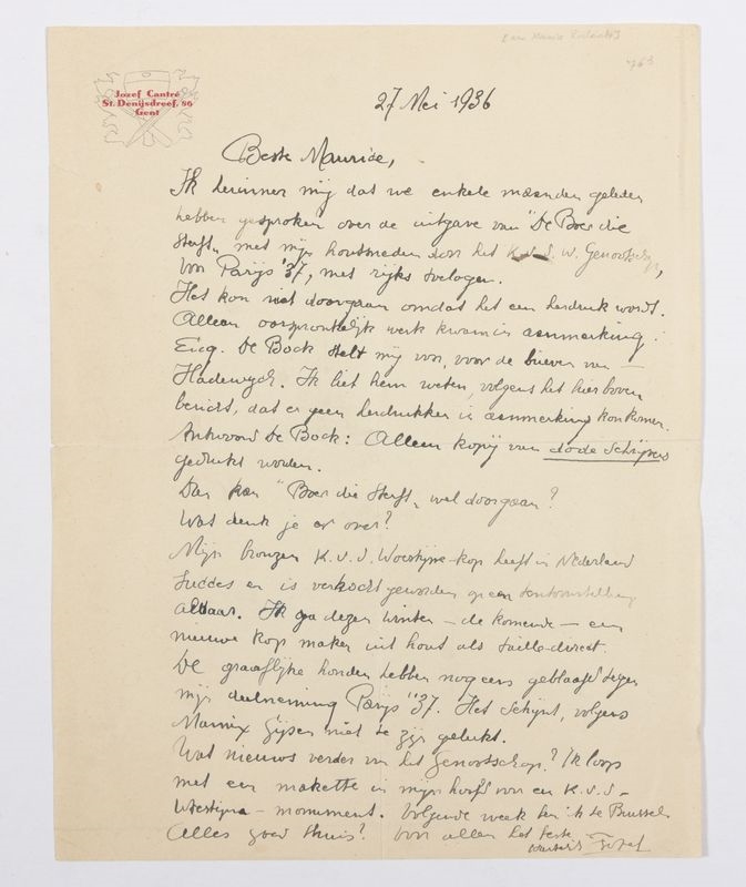 Artwork by Jozef Cantré, Handgeschreven brief aan Maurice Roelants