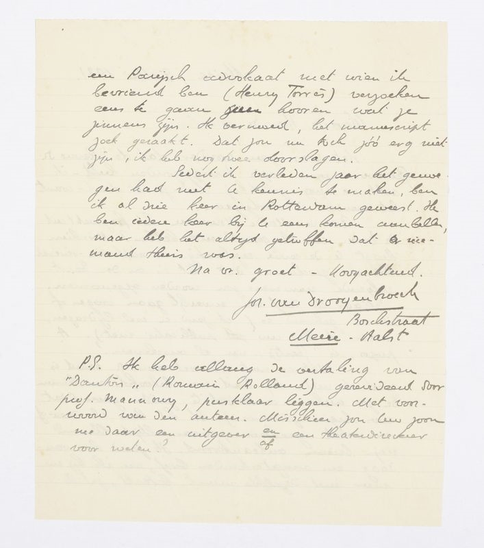 Artwork by Jozef Cantré, Handgeschreven brief aan Maurice Roelants