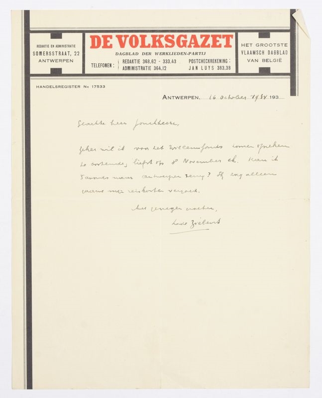 Artwork by Jozef Cantré, Handgeschreven brief aan Maurice Roelants