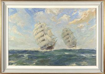 A painting of two sailing ships in the ocean.