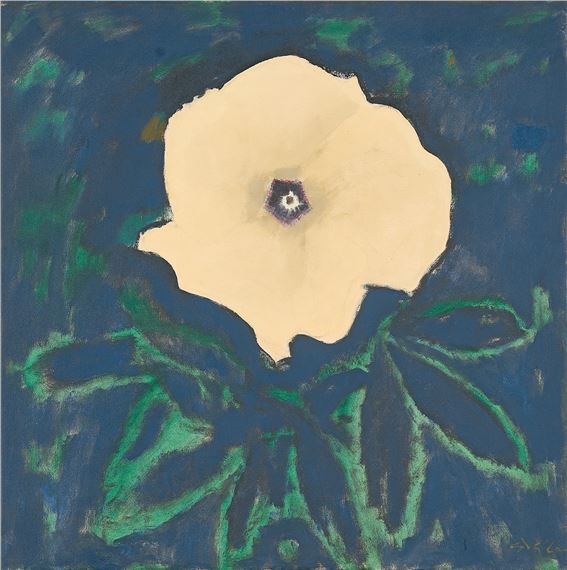 A bold floral portrait featuring a pale flower against a deep blue background.