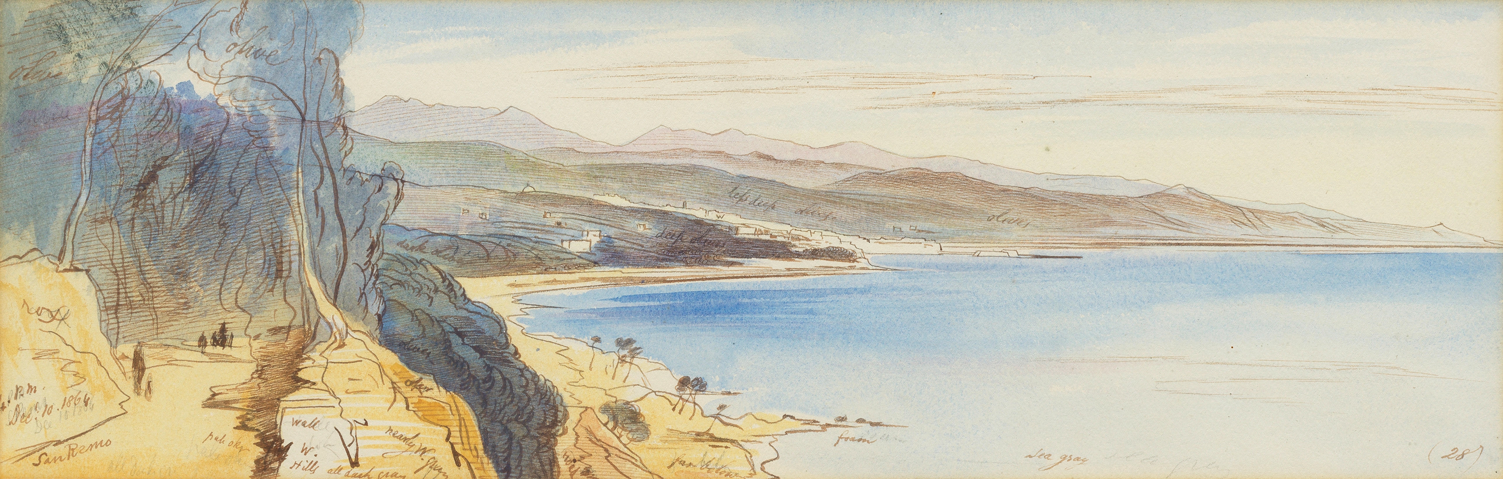 A watercolor landscape of a rugged coastline with a deep blue sea and distant mountains.