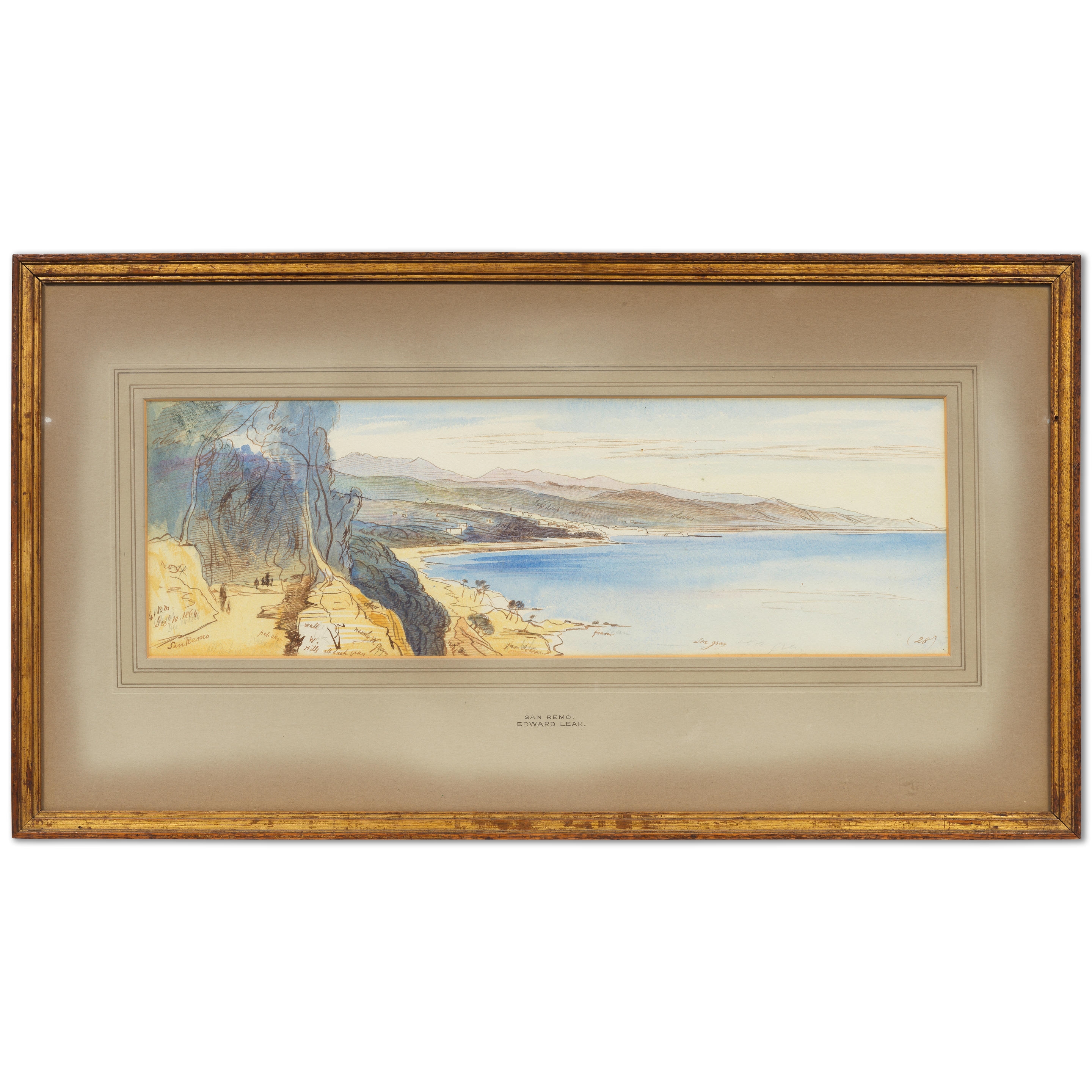 A watercolor landscape of a rugged coastline with a deep blue sea and distant mountains.