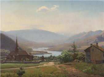 Scenery from Norway with a stave church - Anton Edvard Kieldrup