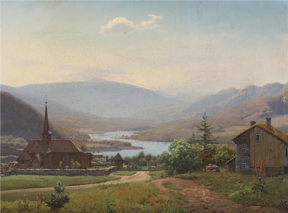 Scenery from Norway with a stave church - Anton Edvard Kieldrup