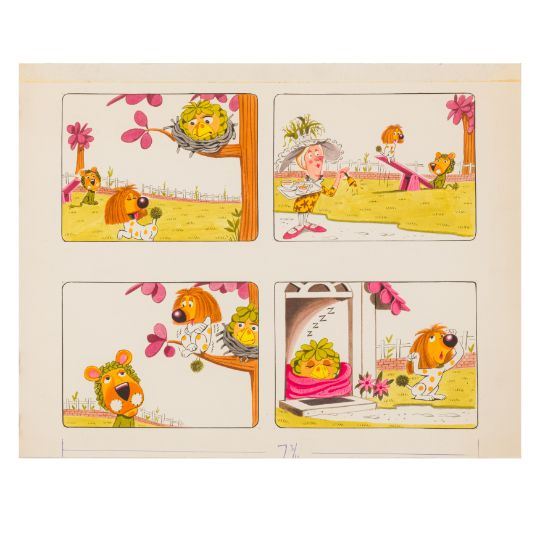 A comic strip with a cartoon of a dog and a cat in a tree.
