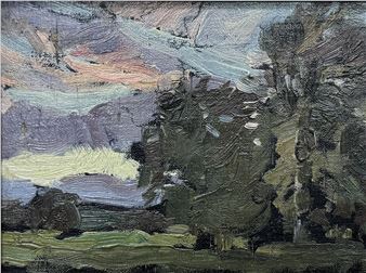 Landscape with Trees and Orange Sky; Farm Buildings; Trees; Street Scene; Glasgow Cityscape; and Glasgow Street - William Timmins