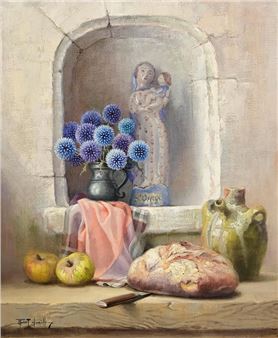 Still Life - Pewter Jug of Thistles with Bread - Robert Chailloux