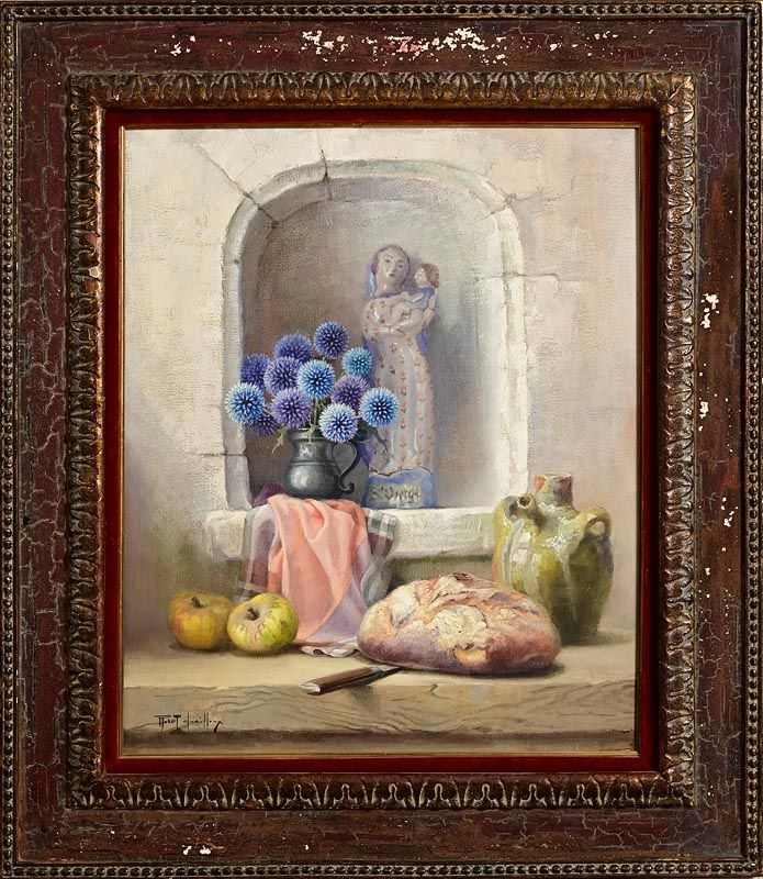 Artwork by Robert Chailloux, Still Life - Pewter Jug of Thistles with Bread, Made of Oil On Canvas
