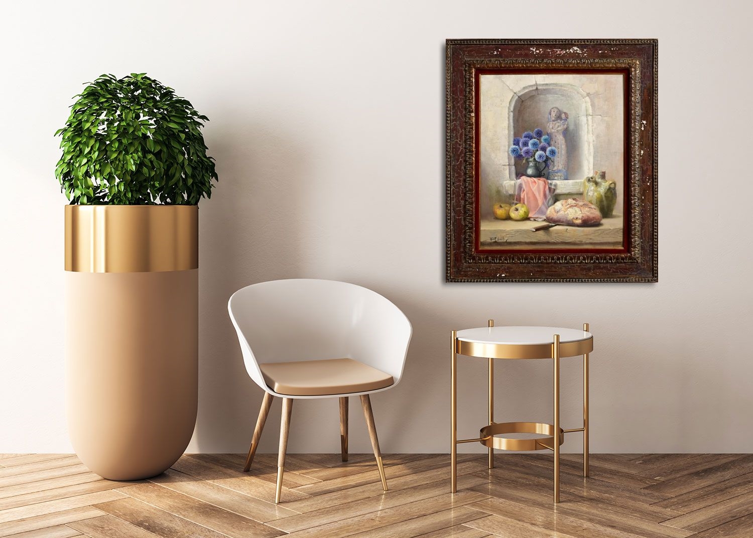 Artwork by Robert Chailloux, Still Life - Pewter Jug of Thistles with Bread, Made of Oil On Canvas