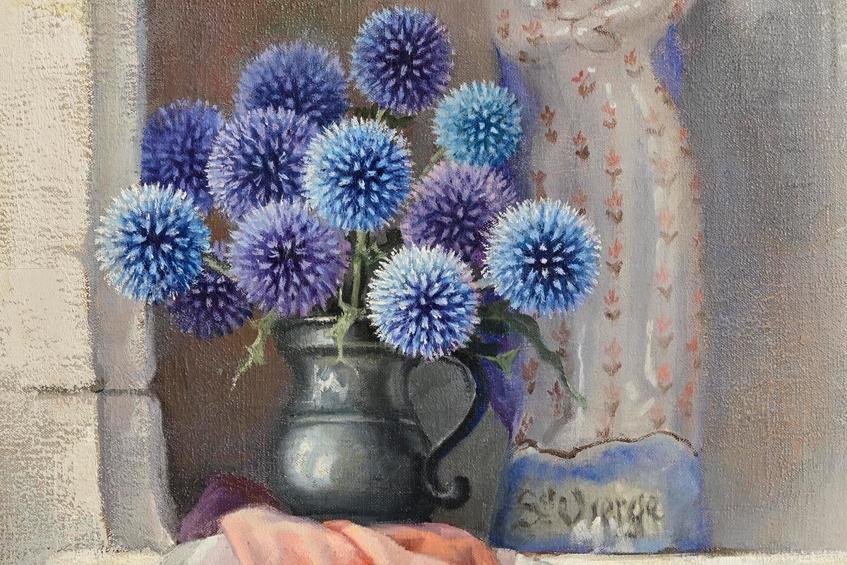 Artwork by Robert Chailloux, Still Life - Pewter Jug of Thistles with Bread, Made of Oil On Canvas