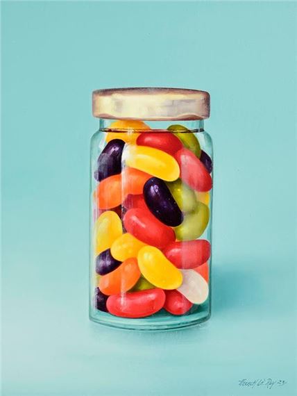 A realistic painting of a glass jar filled with colorful jelly beans against a soft blue background.