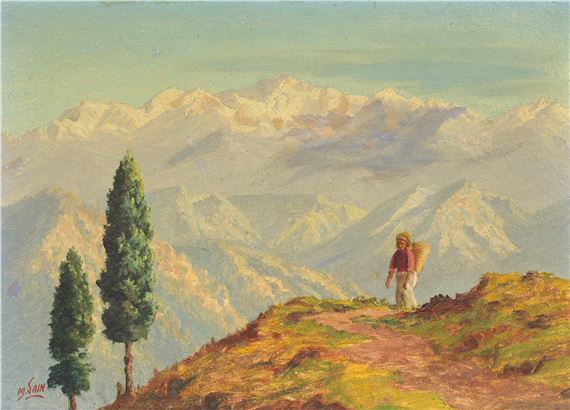 Untitled (Women Traversing mountain path with Kanchenjunga in the background) - M. Sain