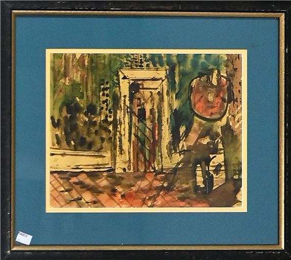 A watercolor landscape of a sunlit courtyard with a central doorway and a figure in the foreground.