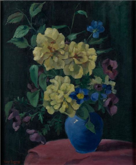 Tabletop still life with flowers in a blue vase - Tunis Ponsen