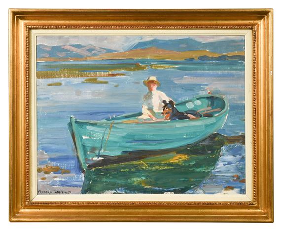 A serene seascape painting featuring a person and a dog in a small boat on calm water.