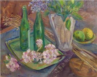 Still life of flowers and bottles - Jessie P. Bignell