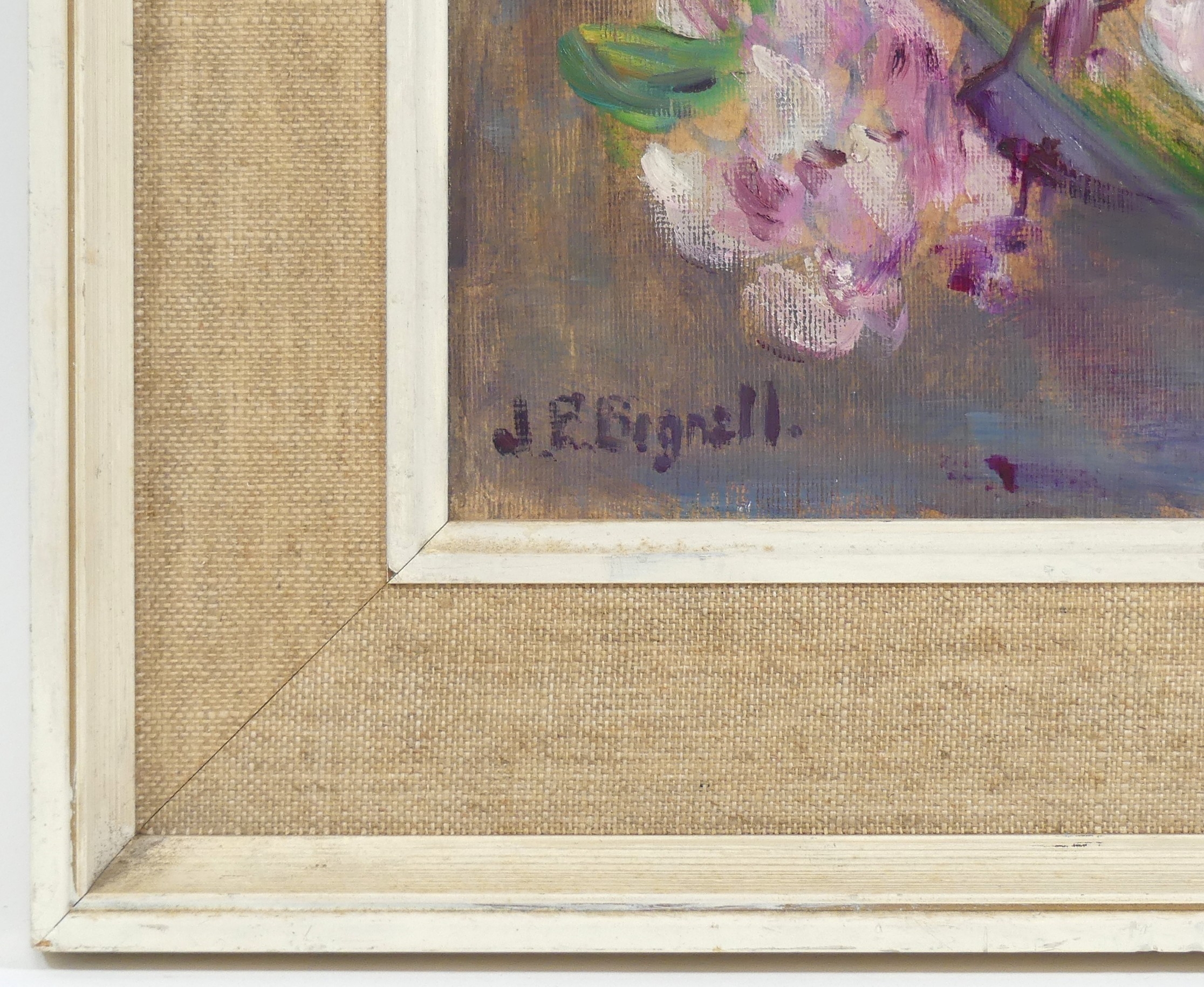 Artwork by Jessie P. Bignell, Still life of flowers and bottles, Made of Oil On Board