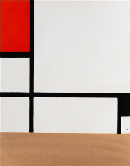 A painting of a red, black and white square on a brown background.