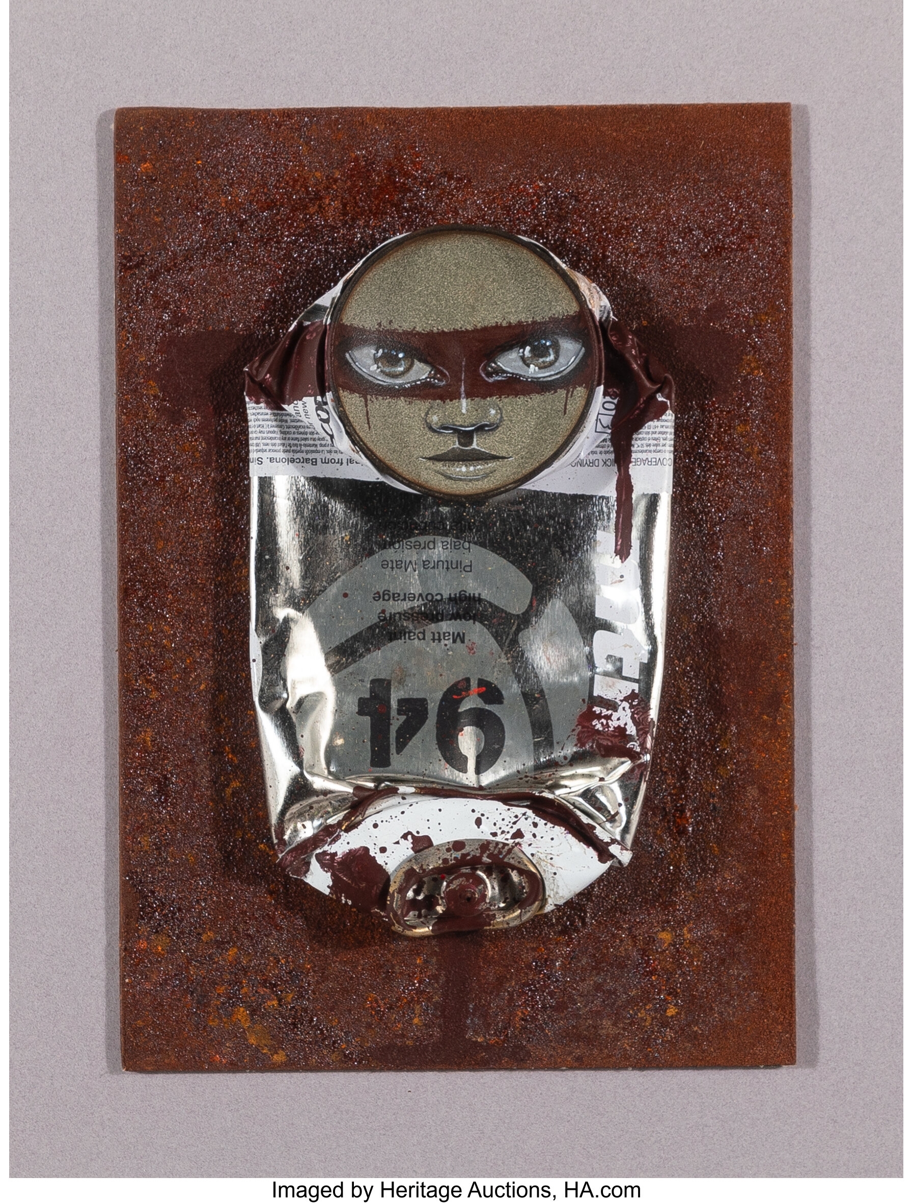 Artwork by My Dog Sighs, Our Lips Are Sealed, Made of Acrylic on spray can mounted on rusted metal panel