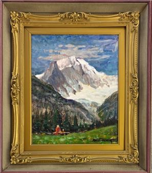 A painting of a mountain scene in a gold frame.