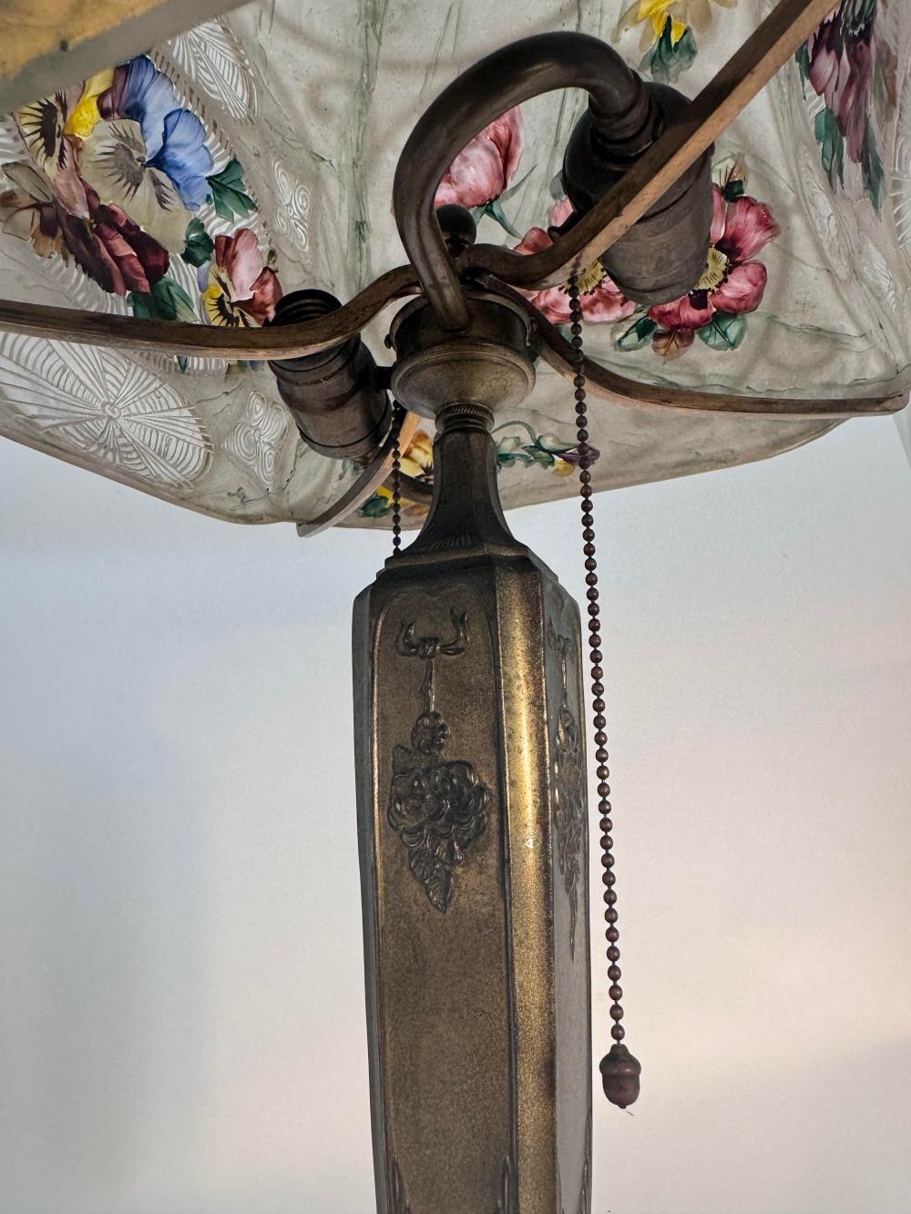 Artwork by Pairpoint Glass Company, Puffy Floral Table Lamp, Made of Reverse Painted Glass, Plated Metal