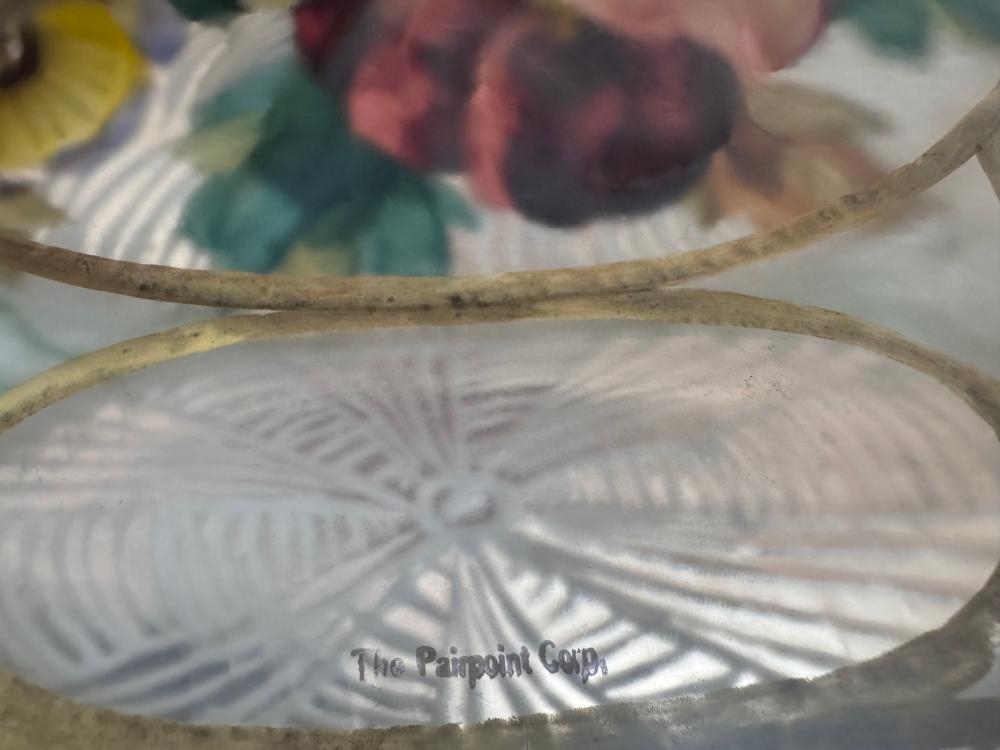 Artwork by Pairpoint Glass Company, Puffy Floral Table Lamp, Made of Reverse Painted Glass, Plated Metal