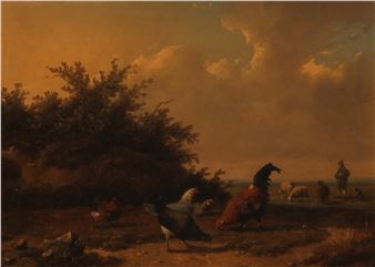 Herdsman with dog, sheep and chickens - Cornelis van Leemputten