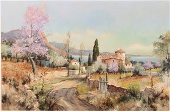 A serene landscape painting of a rural village by a lake, featuring a winding path and blooming trees.