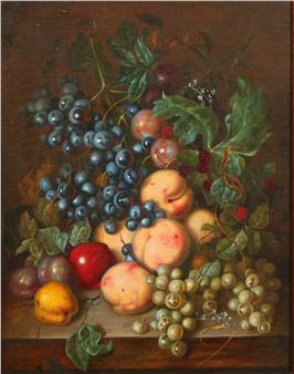 Still Life of Ripe Peaches, Red Berries and Fruiting Vine - Stafford Creswell