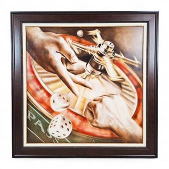 WOODEN FRAMED OIL PAINTING DEPICTING A GAMBLING SCENE SIGNED BY JOYCE - Lung Yuet Ching