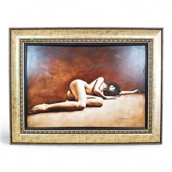 BEAUTIFUL LARGE GILT FRAMED OIL PAINTING OF A NUDE WOMAN LAYING DOWN SIGNED BY JOYCE - Lung Yuet Ching