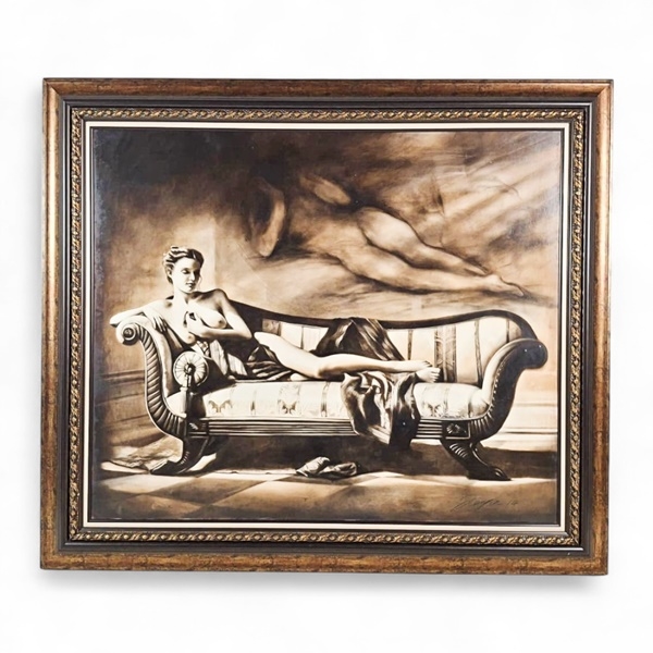 Artwork by Lung Yuet Ching, LARGE ORNATELY CARVED GILT FRAMED OIL MONOCHROME PAINTING OF A NUDE LADY RECLINING ON A CHAISE LOUNGE SIGNED BY JOYCE 2014, Made of Oil Monochrome