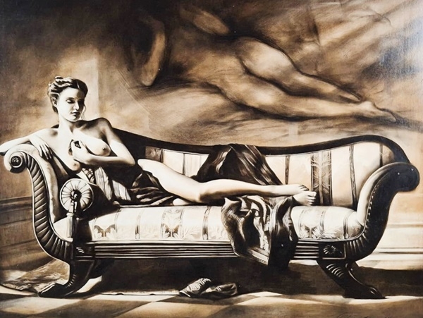 Artwork by Lung Yuet Ching, LARGE ORNATELY CARVED GILT FRAMED OIL MONOCHROME PAINTING OF A NUDE LADY RECLINING ON A CHAISE LOUNGE SIGNED BY JOYCE 2014, Made of Oil Monochrome