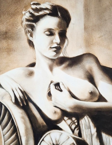 Artwork by Lung Yuet Ching, LARGE ORNATELY CARVED GILT FRAMED OIL MONOCHROME PAINTING OF A NUDE LADY RECLINING ON A CHAISE LOUNGE SIGNED BY JOYCE 2014, Made of Oil Monochrome