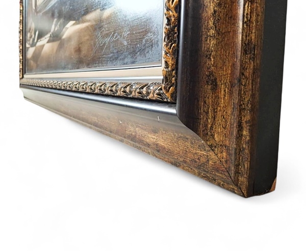 Artwork by Lung Yuet Ching, LARGE ORNATELY CARVED GILT FRAMED OIL MONOCHROME PAINTING OF A NUDE LADY RECLINING ON A CHAISE LOUNGE SIGNED BY JOYCE 2014, Made of Oil Monochrome