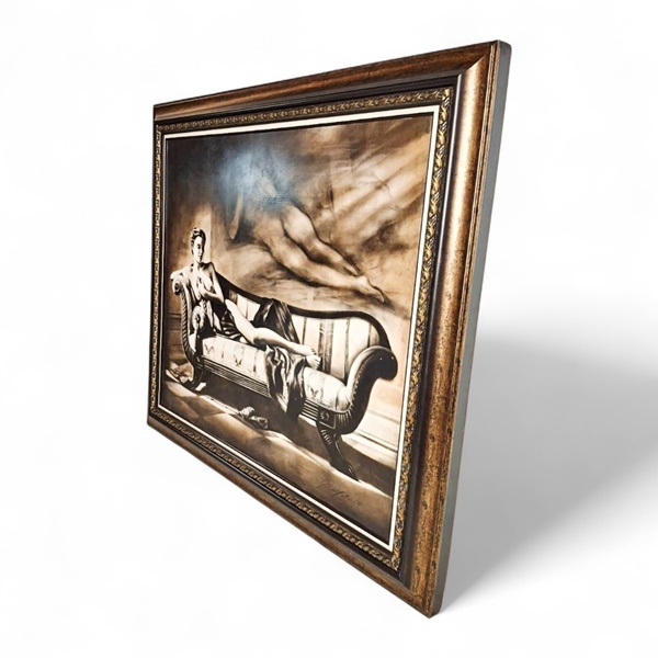 Artwork by Lung Yuet Ching, LARGE ORNATELY CARVED GILT FRAMED OIL MONOCHROME PAINTING OF A NUDE LADY RECLINING ON A CHAISE LOUNGE SIGNED BY JOYCE 2014, Made of Oil Monochrome
