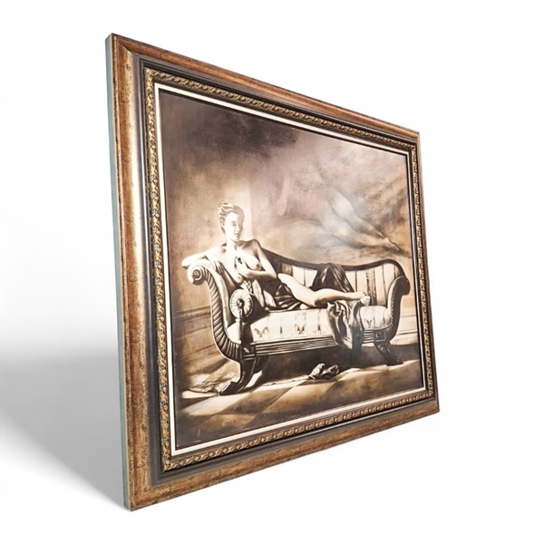 Artwork by Lung Yuet Ching, LARGE ORNATELY CARVED GILT FRAMED OIL MONOCHROME PAINTING OF A NUDE LADY RECLINING ON A CHAISE LOUNGE SIGNED BY JOYCE 2014, Made of Oil Monochrome