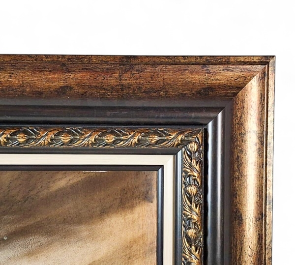 Artwork by Lung Yuet Ching, LARGE ORNATELY CARVED GILT FRAMED OIL MONOCHROME PAINTING OF A NUDE LADY RECLINING ON A CHAISE LOUNGE SIGNED BY JOYCE 2014, Made of Oil Monochrome