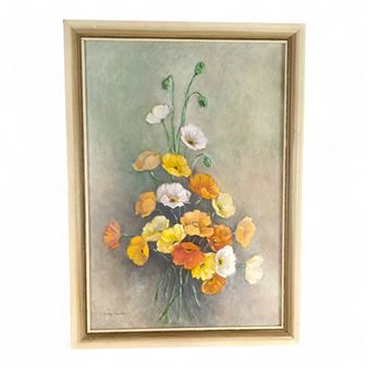 WHITE PAINTED WOODEN FRAMED COLOURFUL STILL LIFE OF POPPIES SIGNED BY BETTY BROMLEY - Betty Bromley