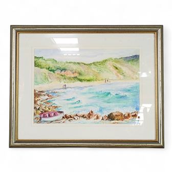 SILVER TONED OIL PAINTING OF KIDS PLAYING ON THE SHORE SEASCAPE SCENE SIGNED BY DIANE LOWE BEHIND GLASS - Diane Lowe