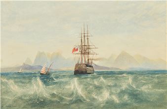 A sail and steam ship of the line off Mount Sinai in the Red Sea - Andrew Nicholl