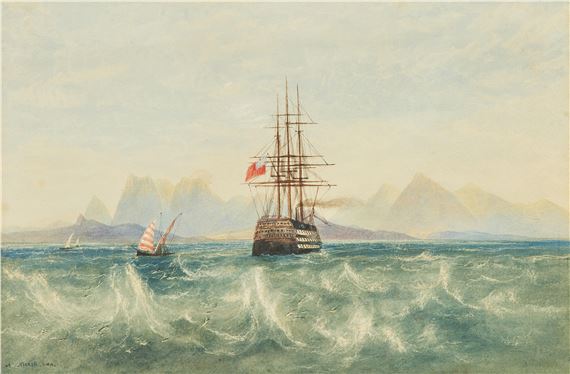 A sail and steam ship of the line off Mount Sinai in the Red Sea - Andrew Nicholl